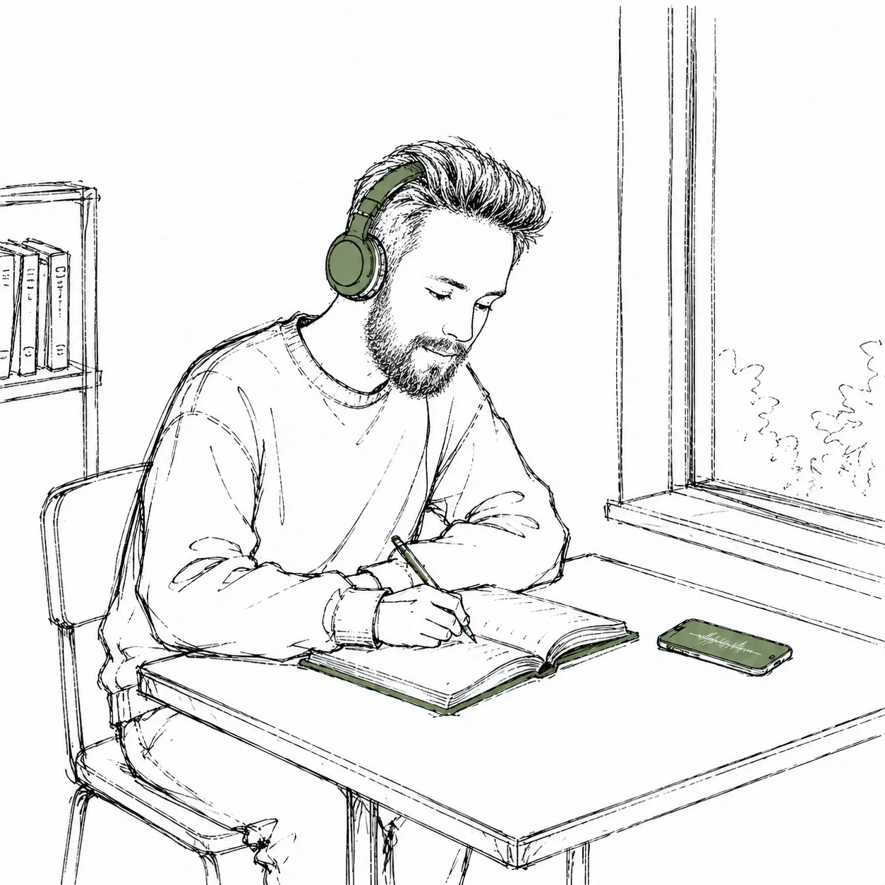 Jared at a desk by a window, headphones on, writing in a notebook with his phone beside him