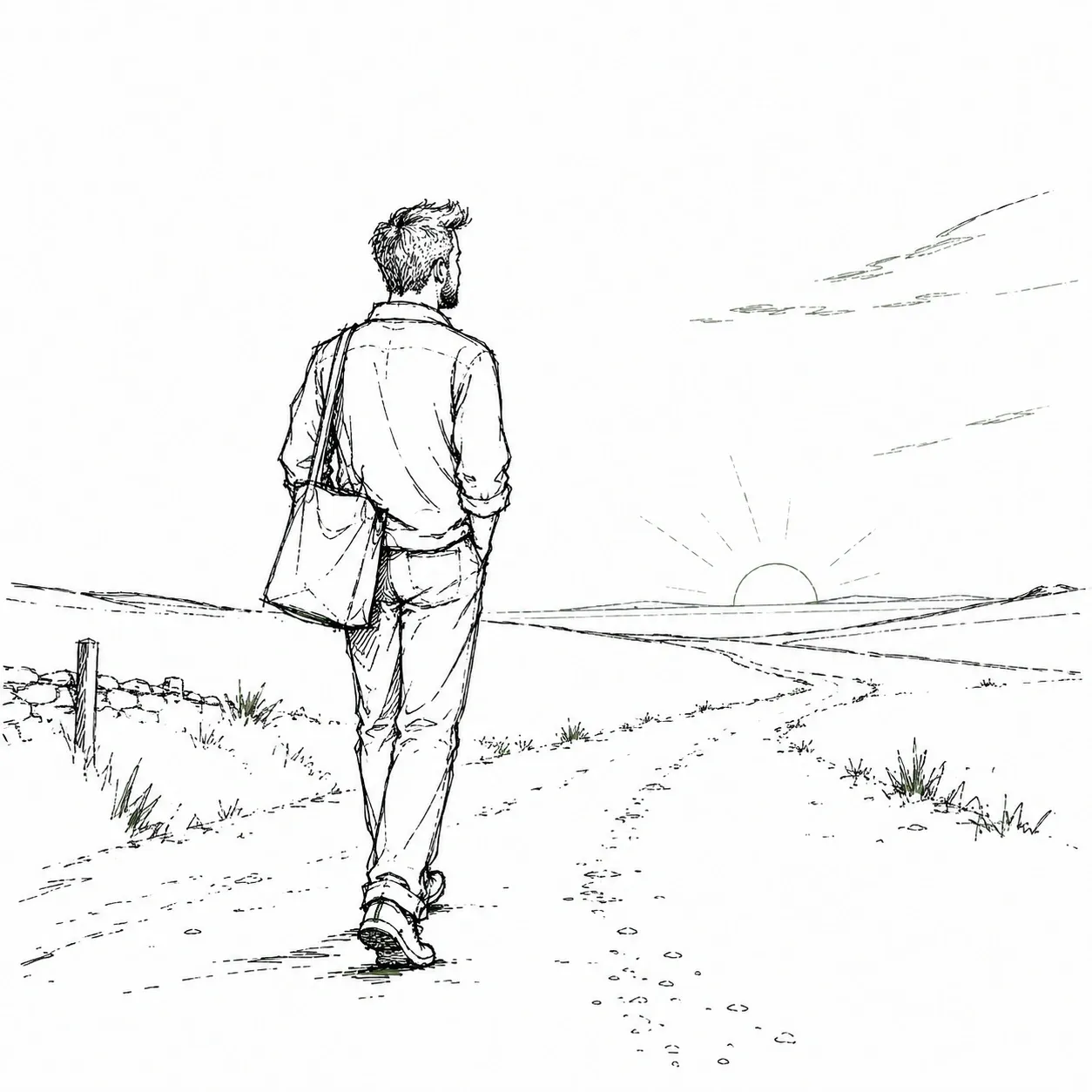 A man walking alone down a country road toward the sunrise, a bag over his shoulder
