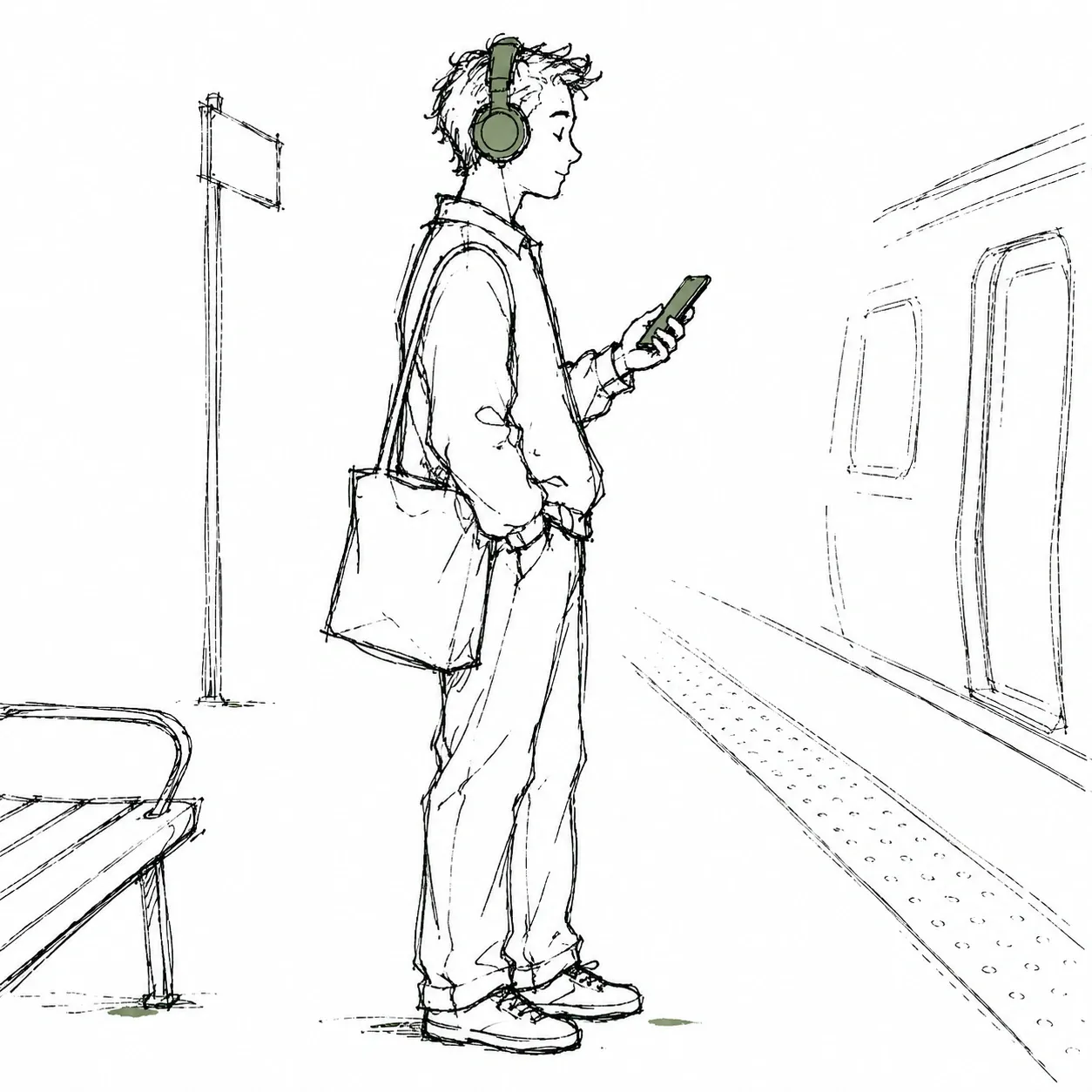 A commuter on a station platform, headphones on, phone in hand as a train pulls in