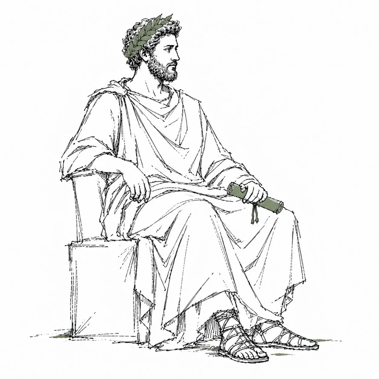 Marcus Aurelius in a laurel crown and toga, seated on a stone block with a scroll in his hand