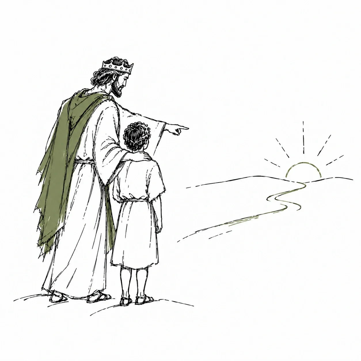 A crowned father with his hand on his son's shoulder, pointing down a path toward the sunrise