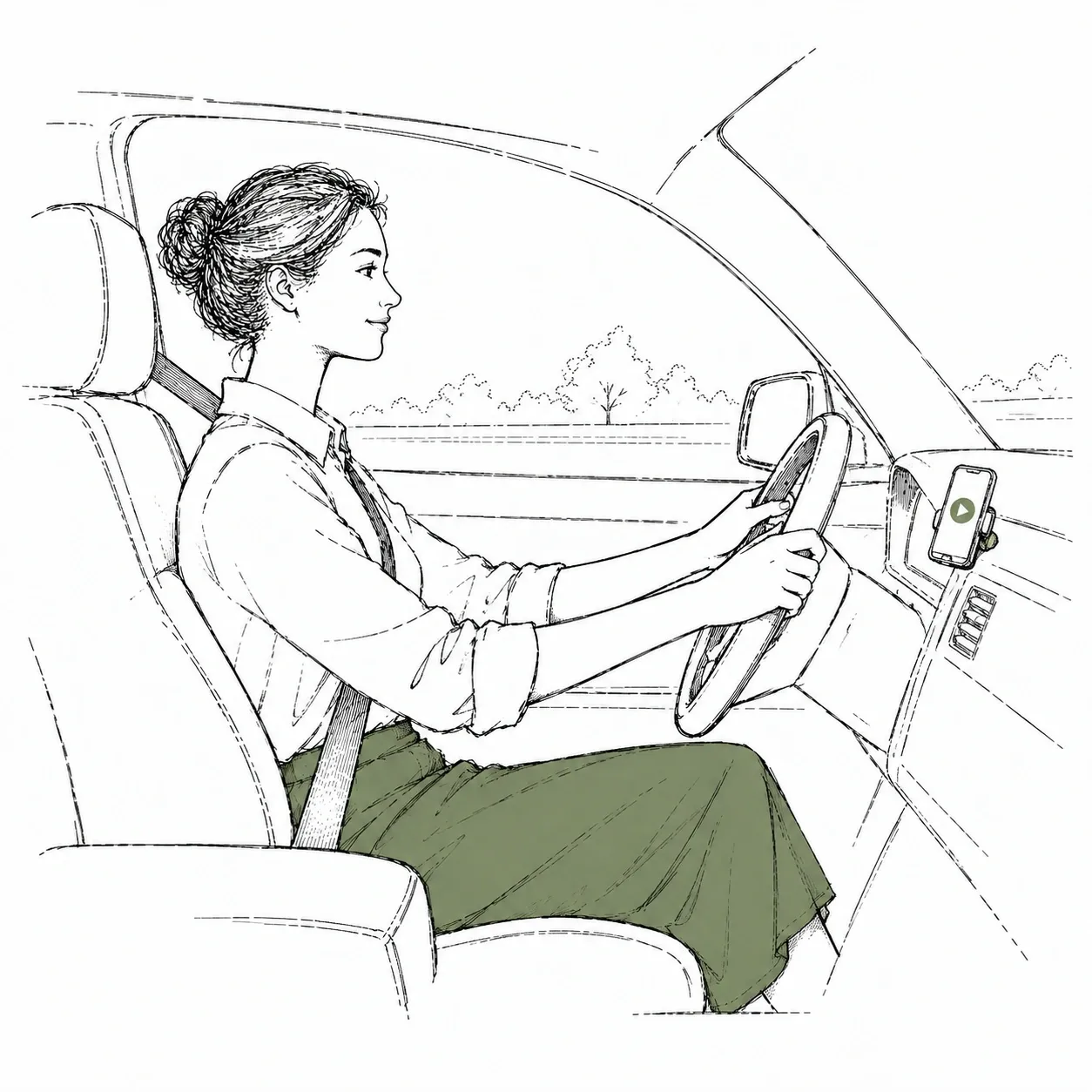 A woman driving with a lesson playing from the phone mounted on her dashboard