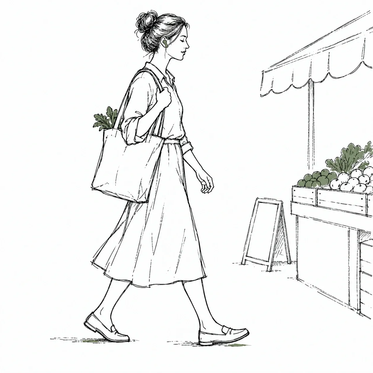 A woman walking to a market stall with a tote bag and an earbud in, running an audio lesson on the way