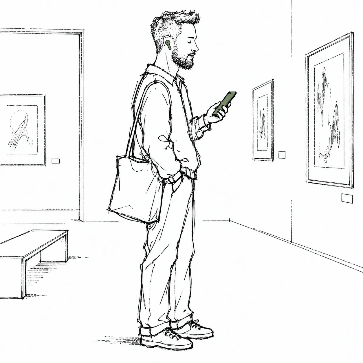 A man walking through a gallery with an earbud in, listening to a lesson and reciting a passage from memory