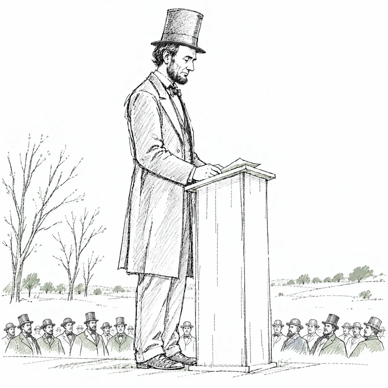 Lincoln in a top hat and frock coat speaking from a lectern to a crowd on the Gettysburg field