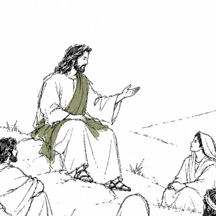 Jesus seated on a hillside teaching a small crowd, the Sermon on the Mount