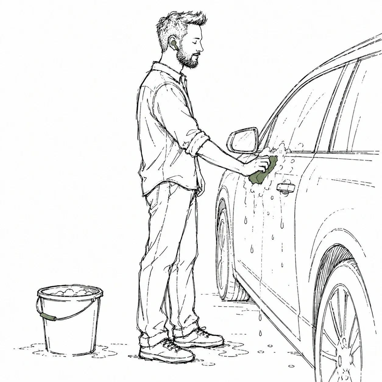 A man washing his car with an earbud in, working through a lesson as he goes