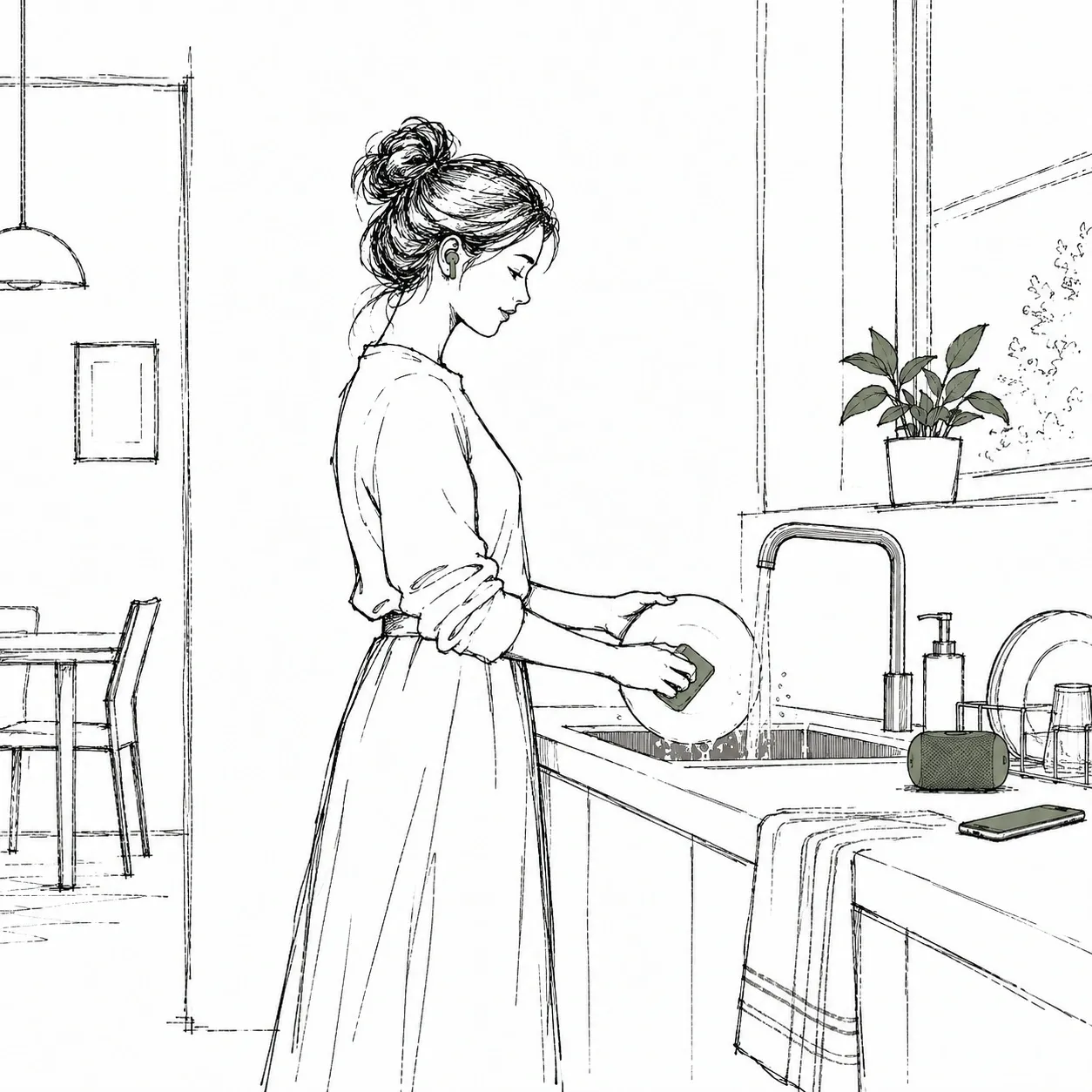 A woman washing dishes at the kitchen sink with an earbud in, running a lesson while she works